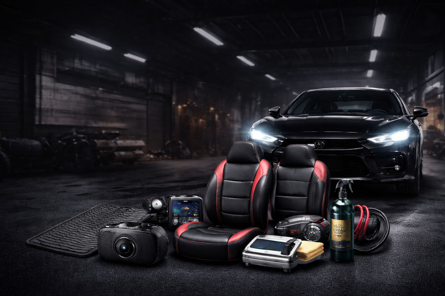 Premium Car Accessories In A Sleek Garage